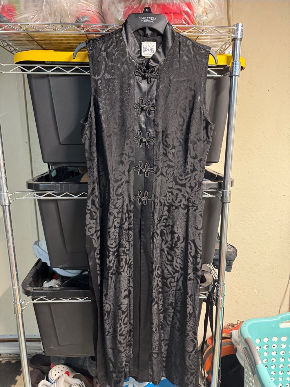R & M Richards Black Sleeveless Brocade Cheongsam Dress